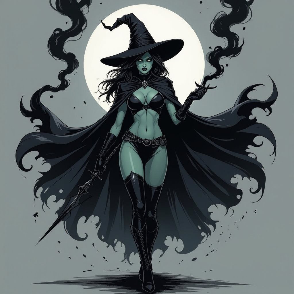 sexy shadow demon witch gypsy slate grey skin large black billowing cloak that emits darkness and shadow smoke. Two piece. Witches Hat.  Wields Black Evil Shadow Smoke Daggers