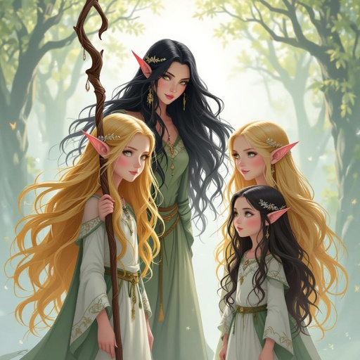 Twin girls with blond hair their Nany with black hair and her daughter