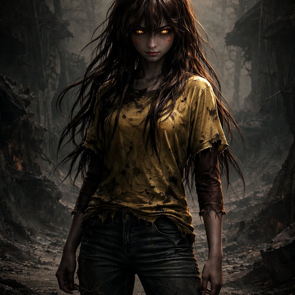 A 17 year old girl who has brown hair with yellow stripes. She is wearing a yellow shirt and jeans. She looks strong and mean.