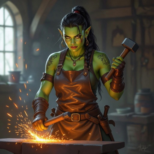 A female half orc blacksmith wearing a leather apron