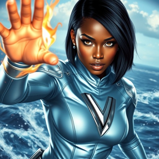 African American female superhero with hair in a shoulder length side part hairstyle with pure white eyes wearing a leather slightly armored light blue and silver suit with light blue pants and silver boots and a V as her chest emblem controlling a storm in the Pacific Ocean
