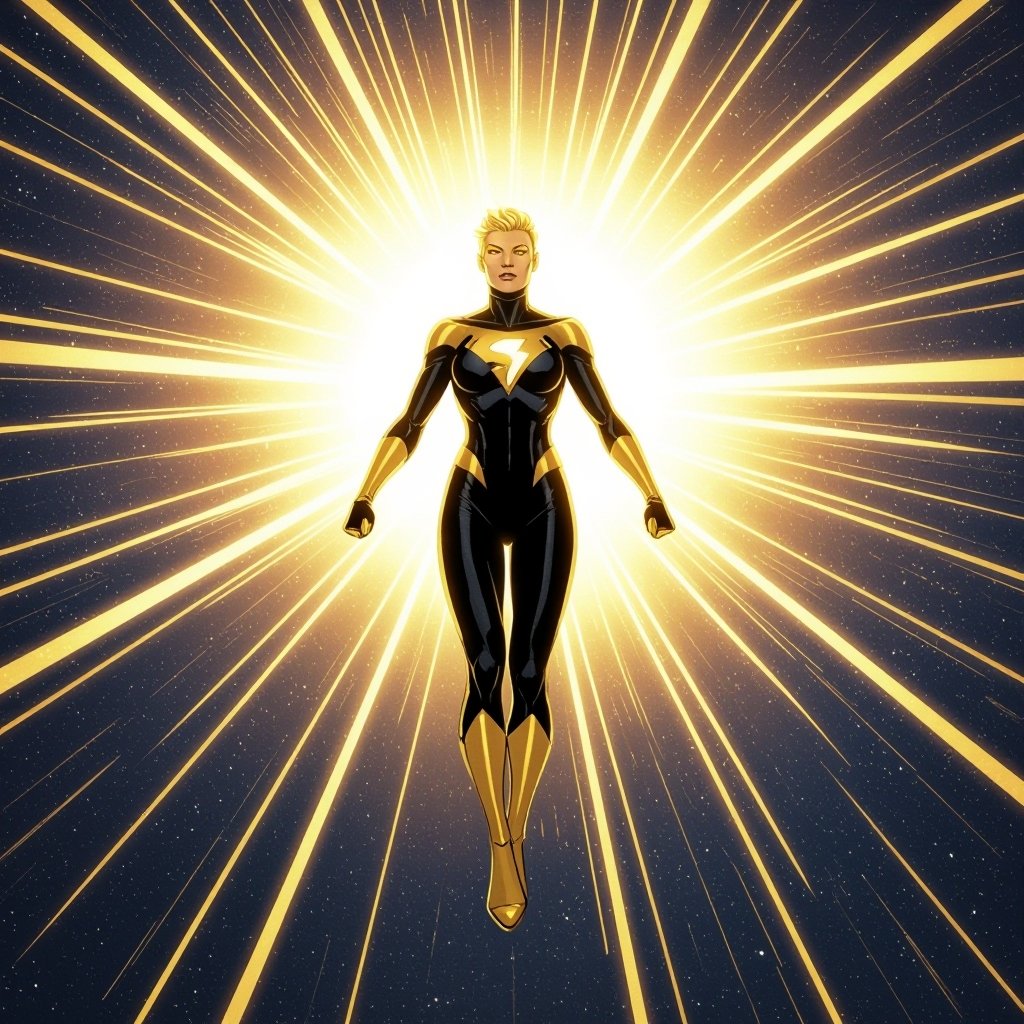 Super Hero who emits the brightness of the sun: their costume has NO CAPE OR BELT