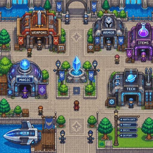 Retail shops for a futuristic fantasy city game, exterior, top down style