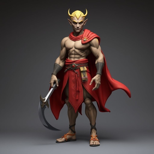 Create handsome hero name Rhen the Fire – A lean, muscular man. He wears layered, flowing desert robes dyed in warm reds and golds, with scorch marks where flames have licked them. A curved blade hangs at his hip. Show whole body head to toe including her shoes.