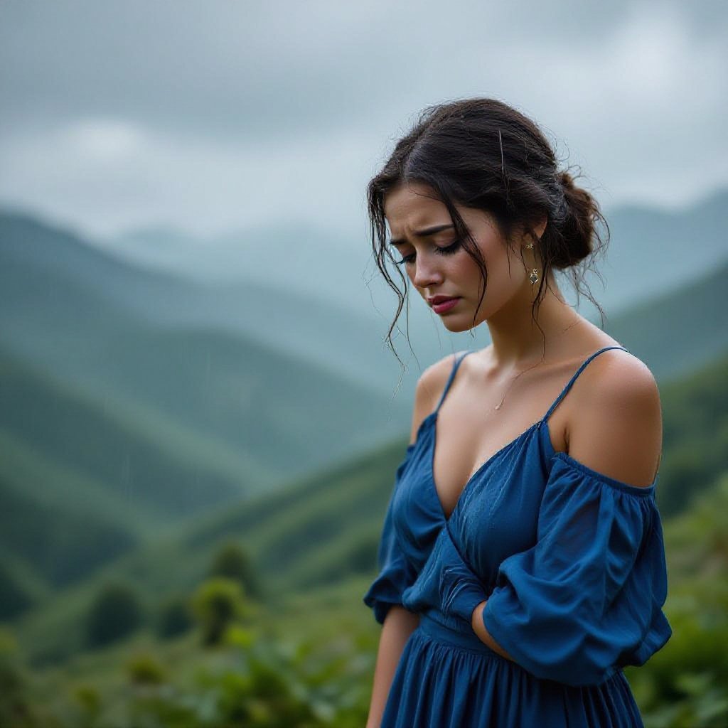 Woman crying in the mountains in the rain 