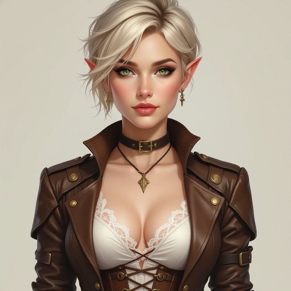 🎨 Ffionna Baelyn — Integrated Lace Underdress Variant  Semi-realistic fantasy portrait of Ffionna Baelyn, a female High Elf rogue assassin with an athletic, slender build. She has a short blonde pixie cut with layered texture and side-swept fringe, fair ivory skin with warm undertones, and bright green eyes with faint gold flecks. Her cropped brown leather jacket is cut at her chest with brass buckles and corset fastenings. Beneath her armor, she wears a fitted silver-white sheer lace underdress — thin, semi-transparent, and close to her body — visible at the neckline, sleeves, and lightly through the upper thighs beneath her leather layers. Her short black-brown leather skirt is solid and structured, with no lace on its surface, designed for movement and precision. The lace acts as a base layer, subtly glowing in soft light. She wears fingerless gloves and thigh-high strapped boots. Lighting is soft and cinematic with a neutral background, full-body to shins, following the 8-heads rule. 