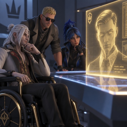 Kado Thorne from Fortnite medium length white back hair,bun, pale skin, in a wheelchair, jones from Fortnite stubble and sunglasses, hope from Fortnite all looking at a holographic screen with Midas from Fortnite’s face on it