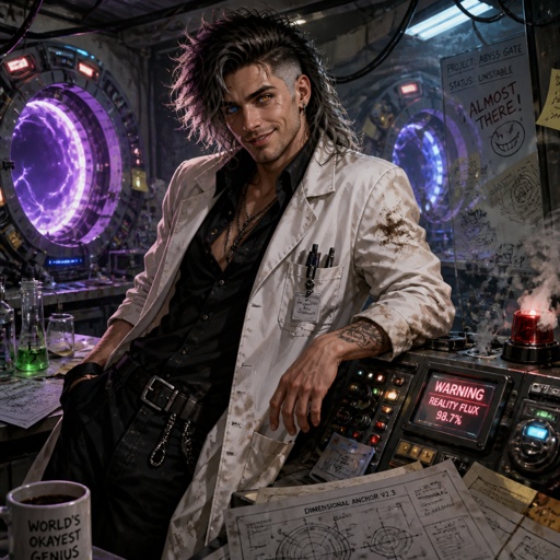 Villain mad scientists, lab coat, looks like a mess,very flirty, hair style called "I've never seen a hair brush in my life" Modern Mullet Fade would rather die than be saved by the hero, "I don't need one for I AM a weapon of mass destruction, likes to mess with the hero teasing them, has invented machines that lead to portals ,two different eye colors