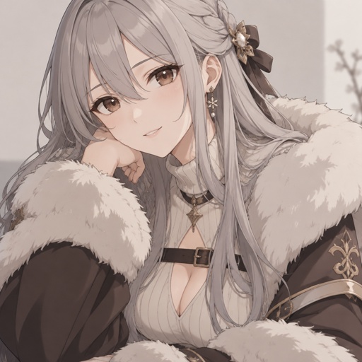 Woman, long grey hair, beautiful, brown eyes, fur outfit