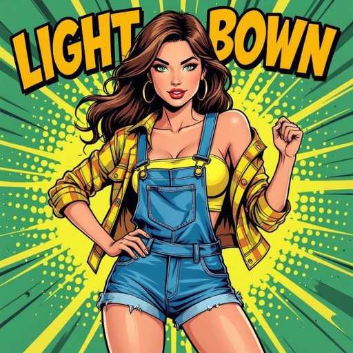 Light brown hair babe in denim mini skirt overalls and tube top. Green eyes Yellow unbuttoned flannel 