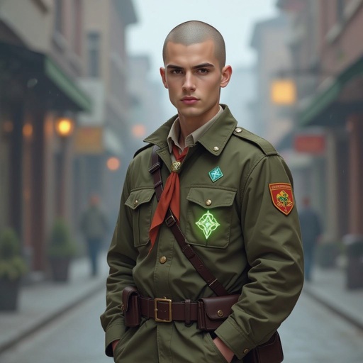 Młody mężczyzna przeciętny pod każdym względem. Ciemne oczy. Łysy. 
Ubrany w mundur harcerski
