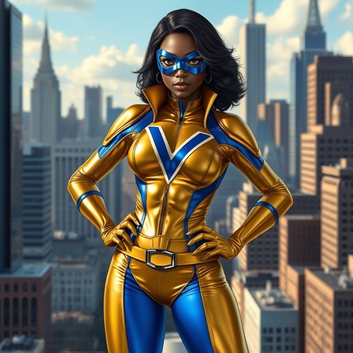 A teenage African American female superhero wearing a domino style mask with slightly curly hair in a shoulder length side part style wearing a polyester and leather gold suit with blue accents white pants and a stylized V as her chest emblem a utility belt and blue boot heel less standing in Philadelphia