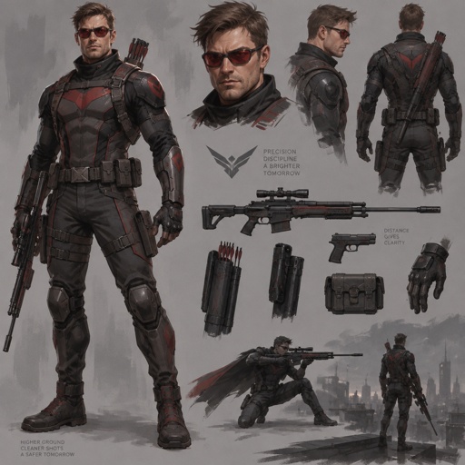 male Superhero with enhanced marksman abilities, red sunglasses, costume design 