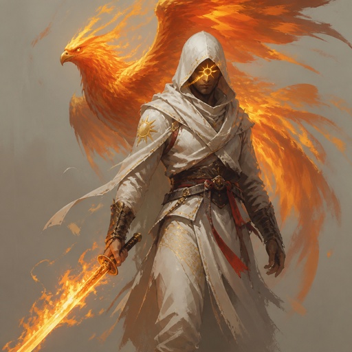 assassin with phoenix, sun mark on eye, fire katana, white clothes