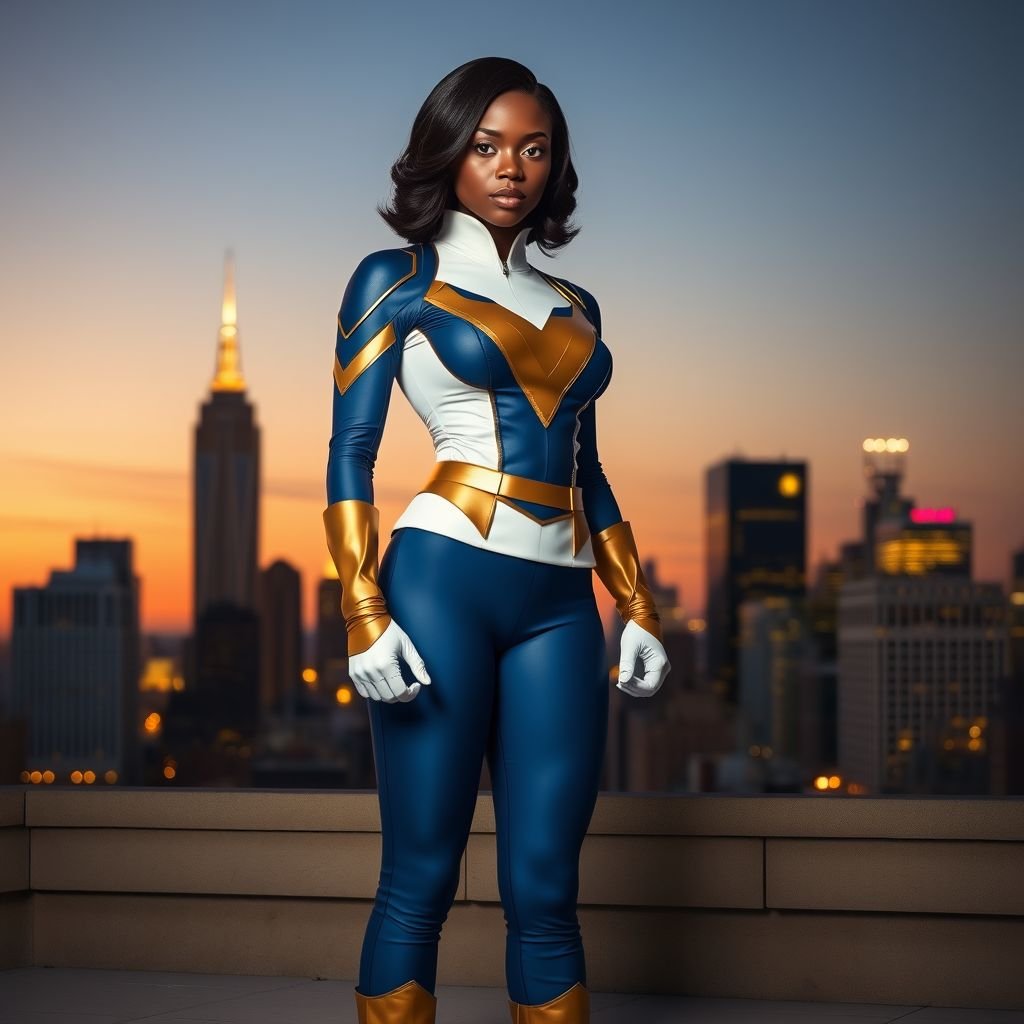African American female superhero with shoulder length hair in a side part style and  wearing a homemade  white blue and gold suit with blue pants with a stylized V as her chest emblem wearing gold flat boots made of gold standing in Philadelphia at dusk
