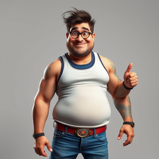 Create a funny looking man who’s jeans and tank top is so tight head to toe