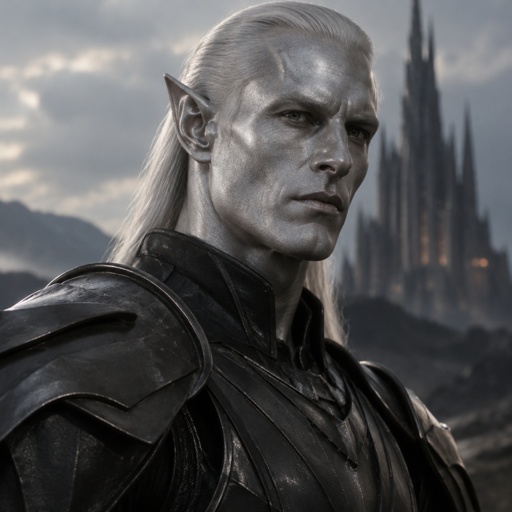 A tall, powerfully built humanoid alien warrior with metallic silver skin, pointed ears, sharp sculpted features, and a calm, severe expression; elegant rather than monstrous, wearing black nanoparticle armor, cinematic portrait, detailed skin texture,