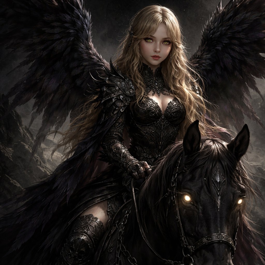 Non sexualized Tan and Blonde 17 year old girl with brown eyes. Long dark eyelashes and irises with gold flecks highlighted by gold flecked eyeliner. Black background with dark fog and rocks. She’s riding a regal horse. She has dramatic black wings with a purplish hue. She’s wearing a skin tight decorated armor