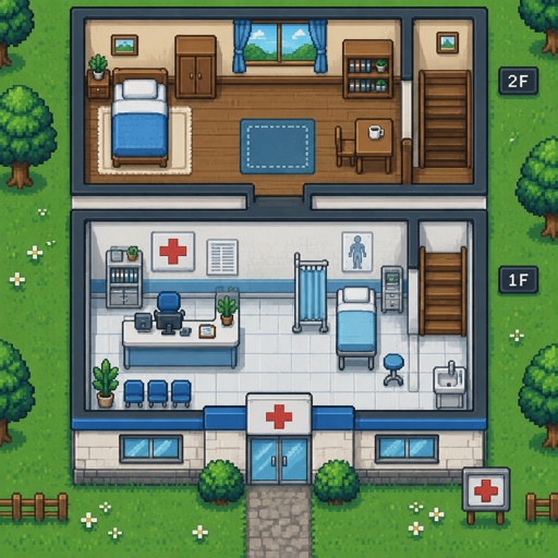 Clinic with a top floor where the doctor lives for a modern fantasy game, top down style