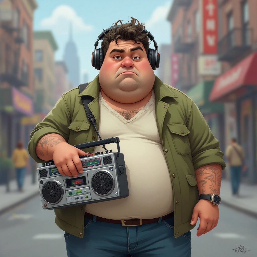 Create a funny fat guy who isnt friendly from New York  has a boom box radio and is a stoner 