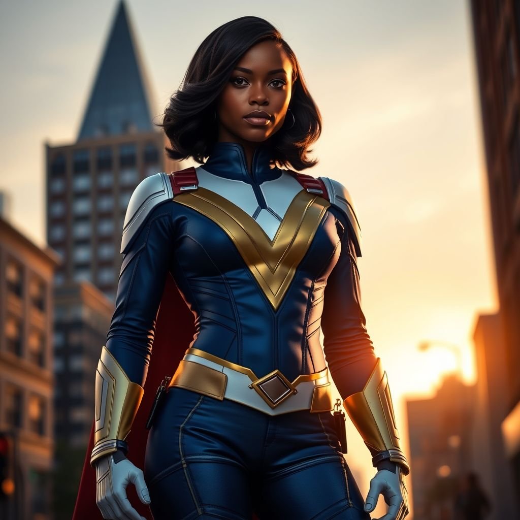 African American female superhero with shoulder length hair in a side part style and  wearing a homemade  white blue and gold suit with blue pants with a stylized V as her chest emblem wearing gold flat boots made of gold standing in Philadelphia at dusk