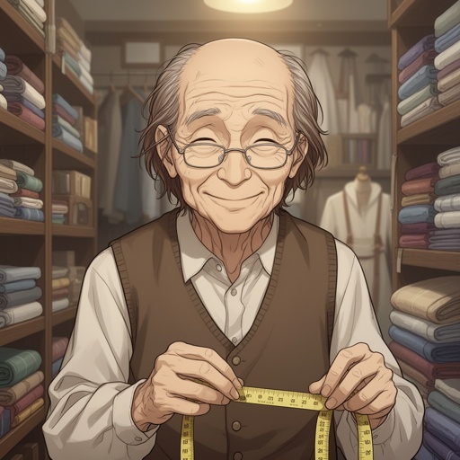 Old man, shop owner, small glasses, thin, frail, balding, brown and gray hair, has a measuring tape, a vest, long sleeves, brown pants, textile shop, smiling