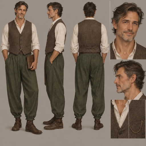 a man in a brown vest and green pants