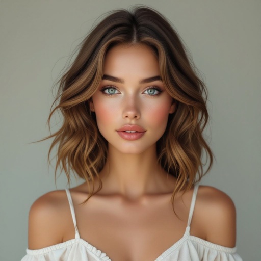 Kobieta o jasnobrązowych włosach do ramion, 
jasnoniebieskich oczach, blada, bez makijażu, ubrana letnio, ale nie odkryta. Delikatna uroda