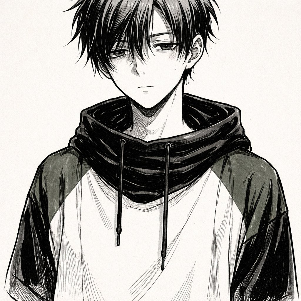 An 18-year-old boy with short hair, longer bangs on the right side falling over his eye, a loose middle part, and shorter bangs on the left side slightly covering the eye. He has hooded gray eyes and an expressionless face with a subtle hint of sadness. He is wearing an oversized t-shirt with a dark green section on the shoulder. A black ski mask is worn loosely around his neck.