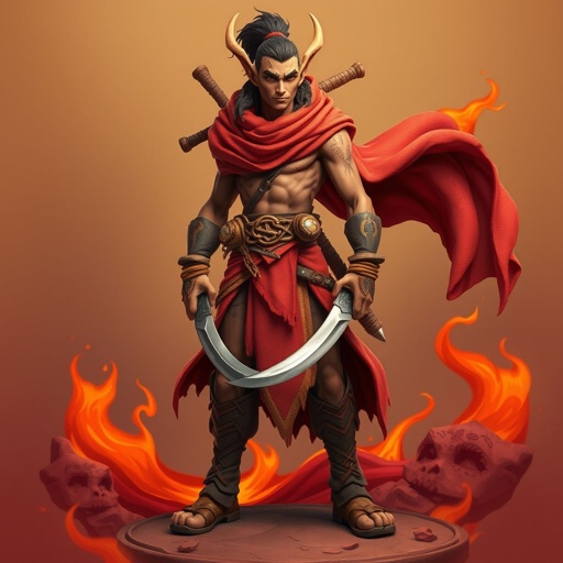 Create handsome hero Rhen the Fire – A lean, muscular man. He wears layered, flowing desert robes dyed in warm reds and golds, with scorch marks where flames have licked them. A curved blade hangs at his hip. Show whole body head to toe including her shoes.