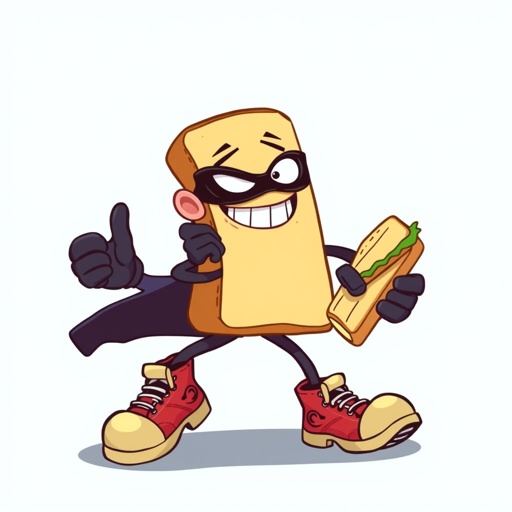Create a funny looking clumsy sandwhich thief with funny shoes on. Make him have on the bandit black thing around his eyes 