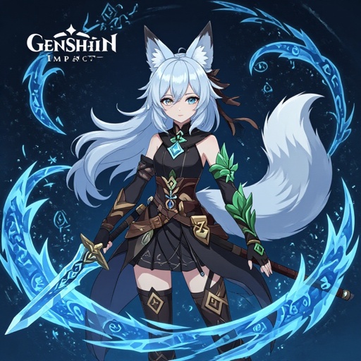 (In the style of an anime game called Genshin Impact) A pale teenage girl wearing black, has medium white hair, has large fox ears and a fluffy tail and a dark green and brown ancient right arm with a black glove on her left arm holding a sword of ice with a black-ish background with ice swirling around her