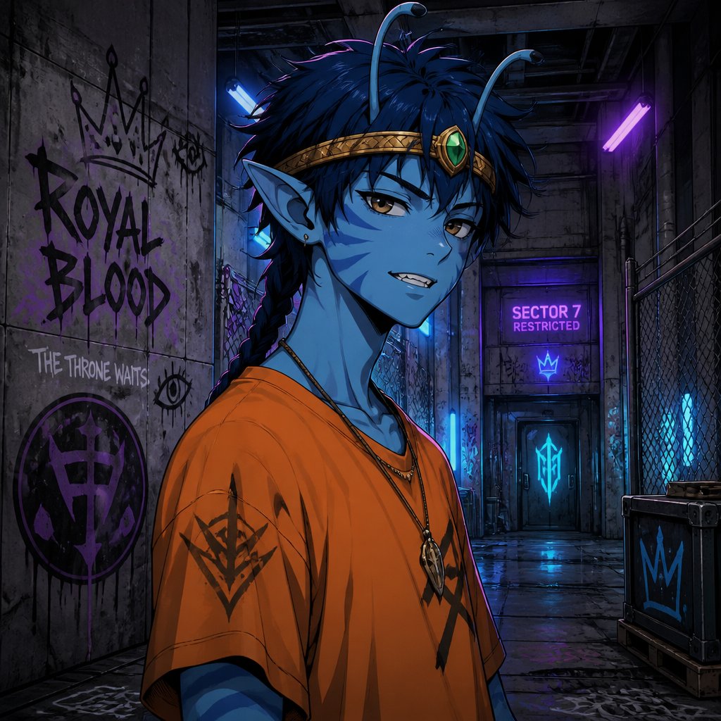 Anime Alien teenage prince with light blue skin and a slightly darker blue stripes, slim body brown eyes really dark blue hair messy and in a braid two antennae and sharp teeth small golden band around head with a green stone in the middle wearing an orange shirt, currently in a secret facility he is curious and confused He was taken in by a secret facility when they found him he is confused and a little scared he is also curious of the human world and ask lots of questions he doesn’t answer to them about where he comes from or how he got there he only says that he just suddenly appeared on earth no other explanation which annoyed the people more he wants to get out and see more of the world but is not allowed to he has powers he could use but doesn’t have full control and wants to show he is trustworthy and means no harm