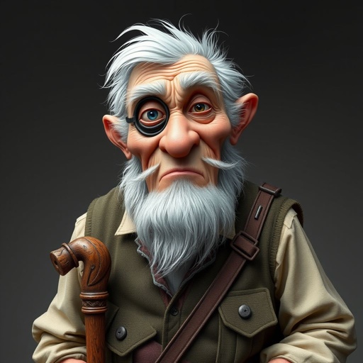 Create a grouchy funny old character who has 1 eye patched. Make him fat with a cane. Show his whole character head to toe in image 