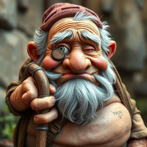 Create a grouchy funny old character who has 1 eye patched. Make him fat with a cane. Show his whole character head to toe in image 