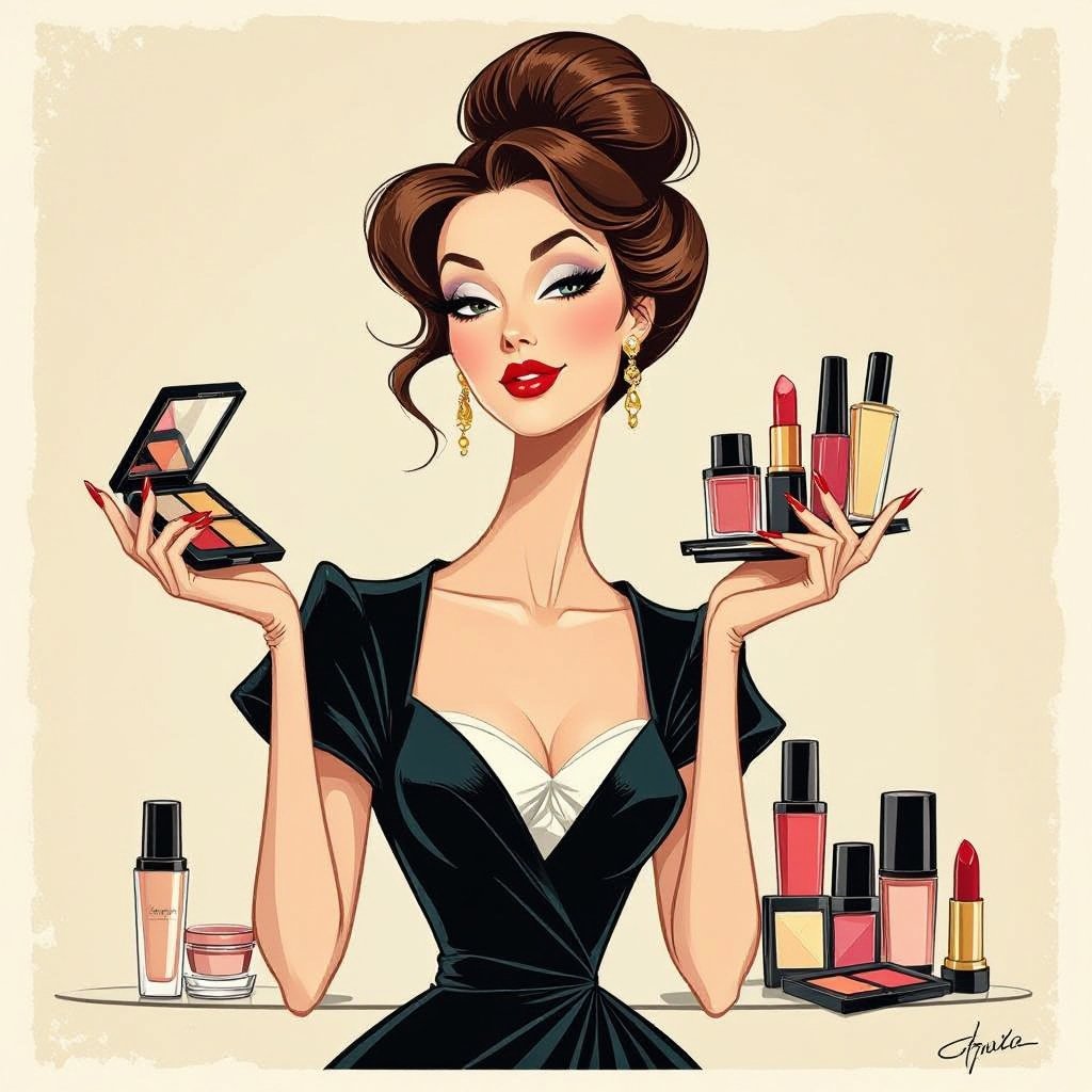 Create a character showing there whole body head to toe, a lady who loves beauty products  