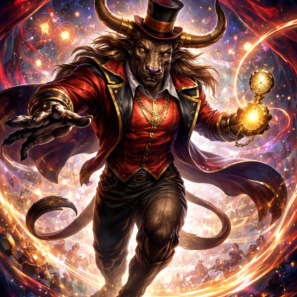 A male chestnut brown Minotaur with deep set cattle like brown eyes, large powerful gleaming horns like his fathers, a well~proportioned figure/body at lest 6 foot tall, long tail. He works at freak show as the ringmaster and his abilities are Reality Rejection, Time Manipulation (Chronokineses), Zoolingualism (Language of Cattle only), Human Speech. His mother is a human with half-animal (Cretan Cattle) physiology and his father is a Cretan Bull.