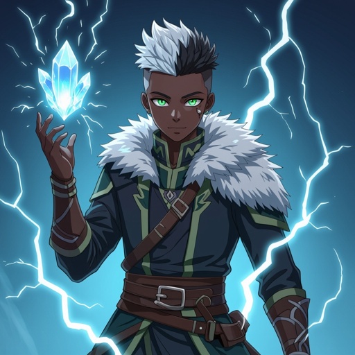 A character reference sheet of a 15 year old black male with an off white undercut and green eyes. Give him a gray mage/assassin outfit with fur. Have him floating surrounded by lightning bolts. Give him a crystal that floats from his upside down left hand 