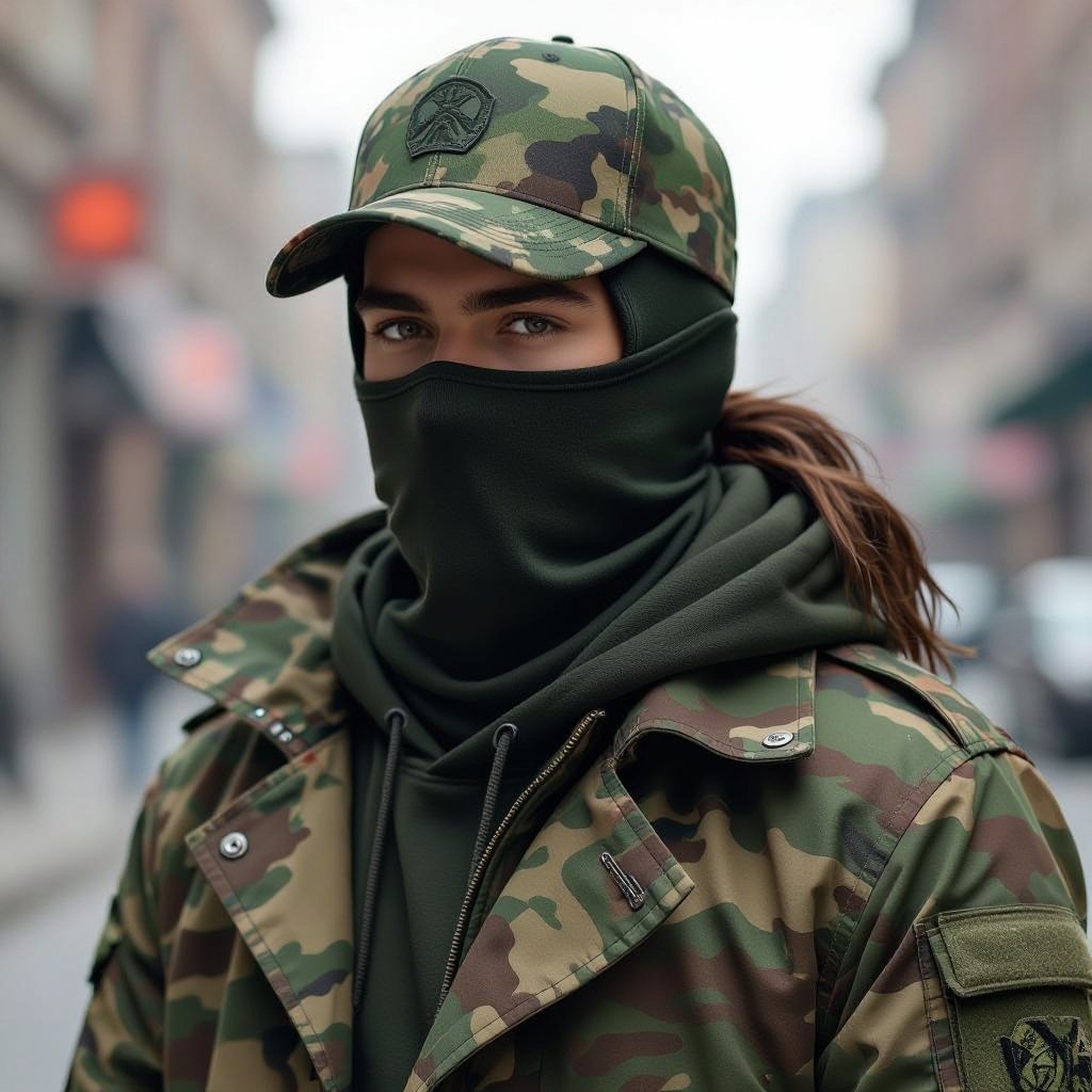 Military teen male, camo balaclava , camo cap, camo leafy trench coat, long brown hair in a ponytail,