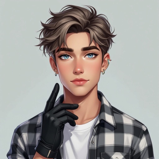 A 20 year old guy with grey eyes, light brown hair styled in a loose undercut modern curtain, wearing white airforce shoes, a white under shirt with a grey, black, and white plaid shirt with blue jeans, right eyebrow has a slit, hands are black open fingered gloves