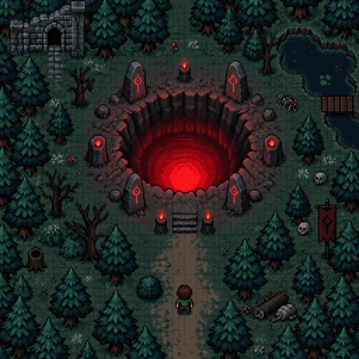 Pit with a red glow coming out of it in middle of forest for a fantasy game set in modern times, exterior, top-down style