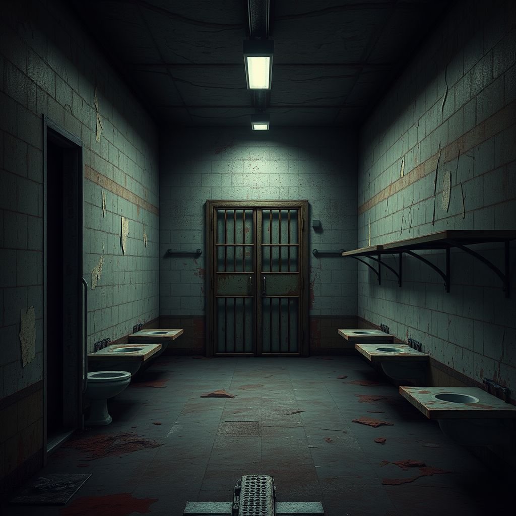 Create this background hall inside was dim, paint peeling in sheets. A metal door led to the cell block. Six cells, all empty. A cracked toilet in each. Rusty bunks, stale air, dust everywhere. No character just background