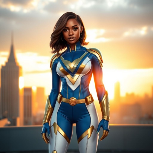 A young African American female superhero with shoulder length hair in a side part style wearing a blue and white suit made of spandex like material that’s slightly armored with gold accents with white pants and gold boots with a stylized V as her chest emblem standing ona roof in a Philadelphia at dawn