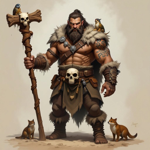 Kael the Beastbound – A rugged, broad-shouldered man with brown skin and a rough beard, wearing armor made from bone and leather. deep green eyes tattoos of animal tracks spiral down his arms. He carries a massive wooden staff carved with the shapes of beasts, and small creatures often perch on his shoulders or follow at his feet.