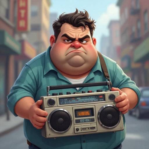 Create a funny fat guy who isnt friendly from New York  has a boom box radio , make the graphics not human 