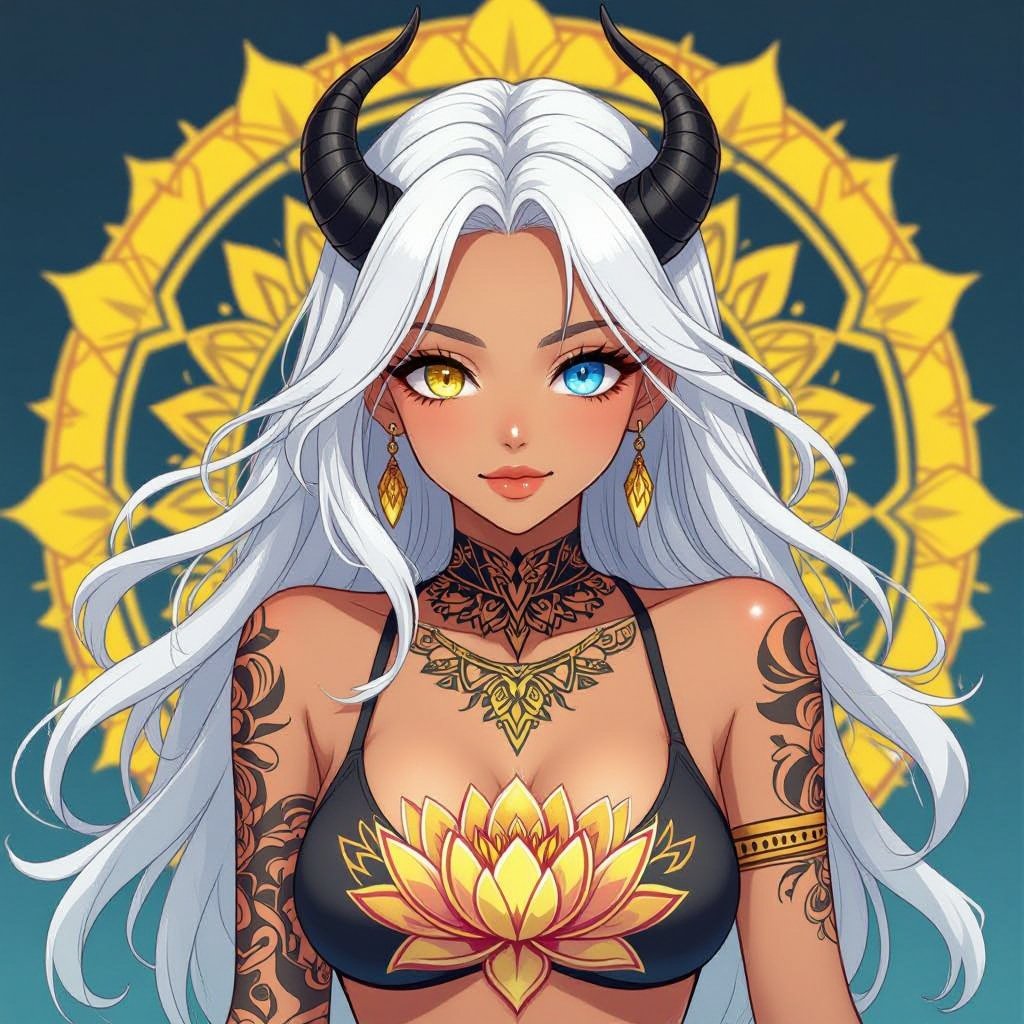 1 woman, with tan skin. Has a lotus-sun mandala tattoo on her thigh. Long flowing pure white hair. Eyes are amix of yellow and blue. She has medium sized black horns