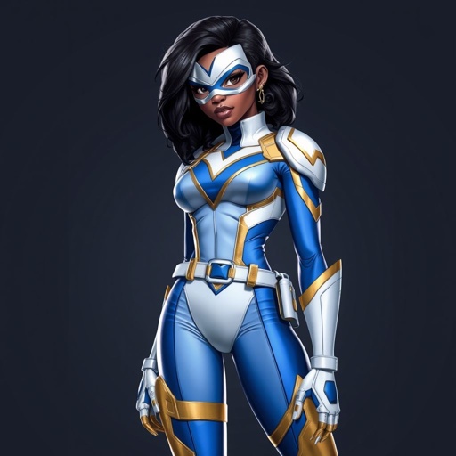 A teenage African American female with shoulder length curly hair  in a side part style superhero  wearing a MASK and a slightly armored white and blue suit with blue pants gold accents and a stylized V as her chest emblem a utility belt and gold boots