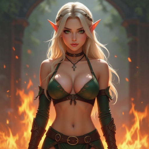 A blonde female elf with big boobs in the middle of fire with a navel piercing