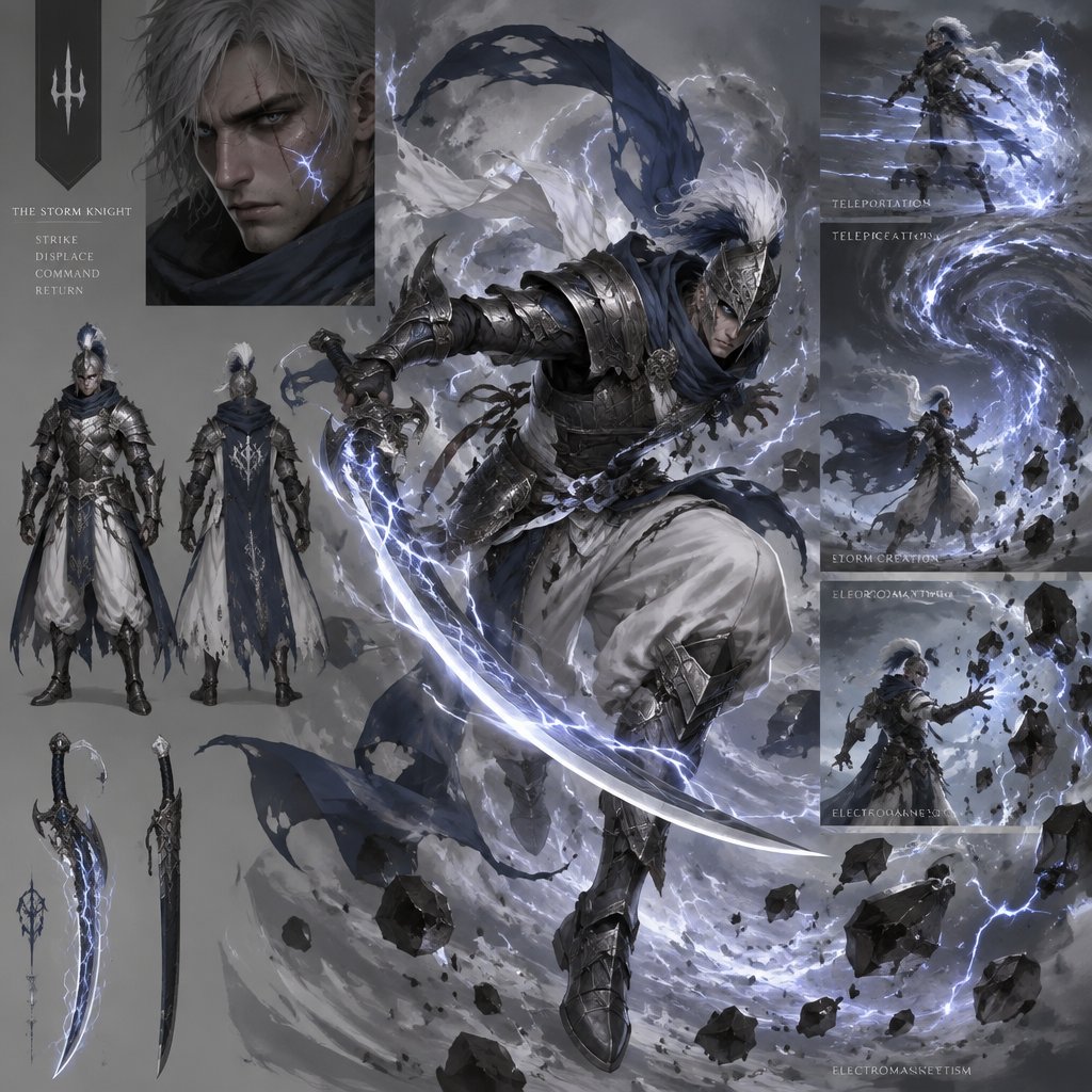 lightning dark knight, plume helmet, grey hair, eye of the storm mark, baggy pants, scar eye, teleportation ability, storm creation, lightning curved sword, electromagnetism manipulation, white blue black grey and silver