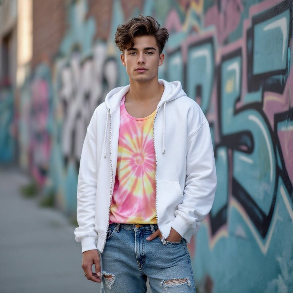 non-binary male 20 year old in ripped faded jeans a white unzipped hoodie and pink and yellow tye-dye tank top